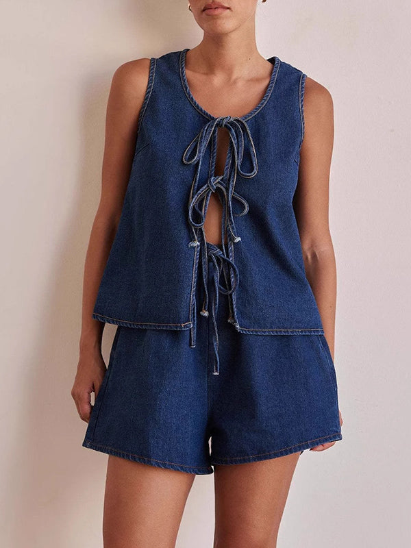 Loose Sleeveless Lace-Up Split-Joint Round-Neck Vest Top
