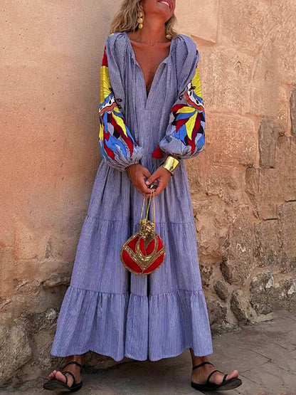 A-Line Long Sleeves Contrast Color Drawstring Pleated Printed Split-Joint V-Neck Maxi Dresses