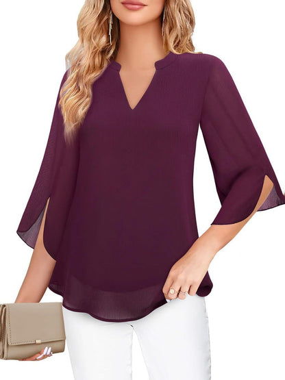 Half Sleeves Loose Solid Color V-Neck Blouses&Shirts Tops