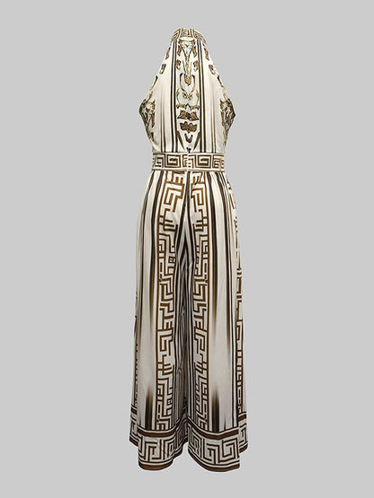 Sleeveless Wide Leg Printed Halter-Neck Jumpsuits