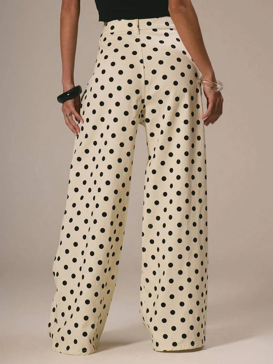 High Waisted Wide Leg Buttoned Contrast Color No Belt Polka Dot Zipper Pants Trousers