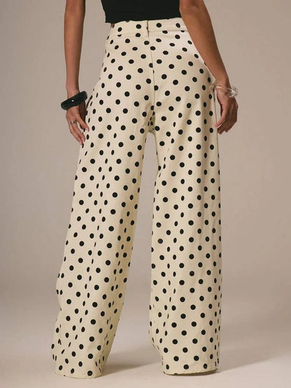 High Waisted Wide Leg Buttoned Contrast Color No Belt Polka Dot Zipper Pants Trousers