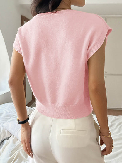 Short Sleeves Flower-Embellished Solid Color Split-Joint One-Shoulder Sweater Tops