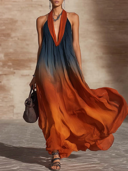 A-Line Loose Contrast Color Pleated Deep V-Neck Maxi Dresses