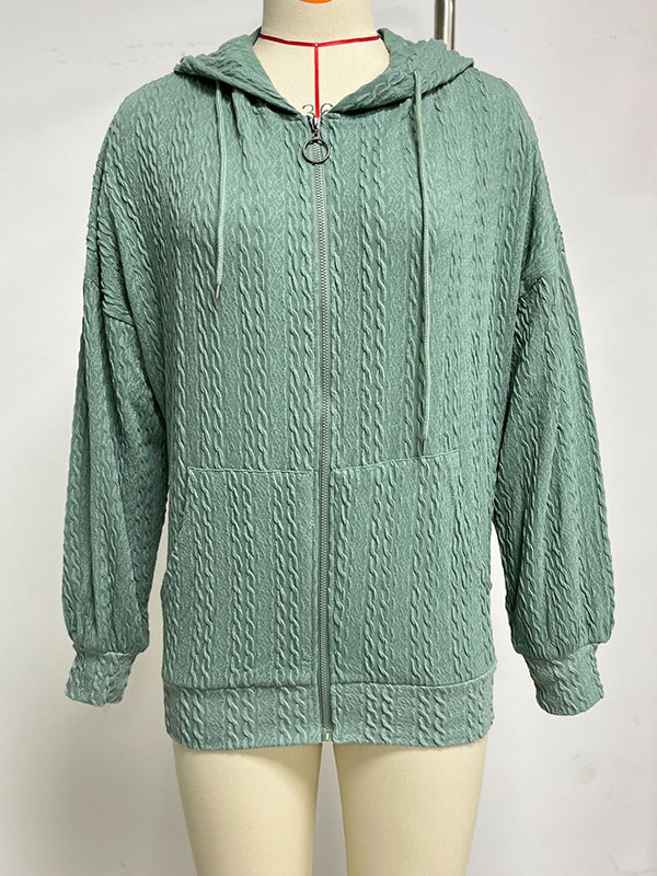 Long Sleeves Loose Drawstring Hooded Pockets Solid Color Zipper V-Neck Outerwear