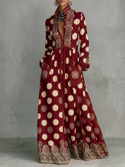 High Waisted Long Sleeves Big Hemline Buttoned Contrast Color Pleated Pockets Polka-Dot Stand Collar Maxi Dresses