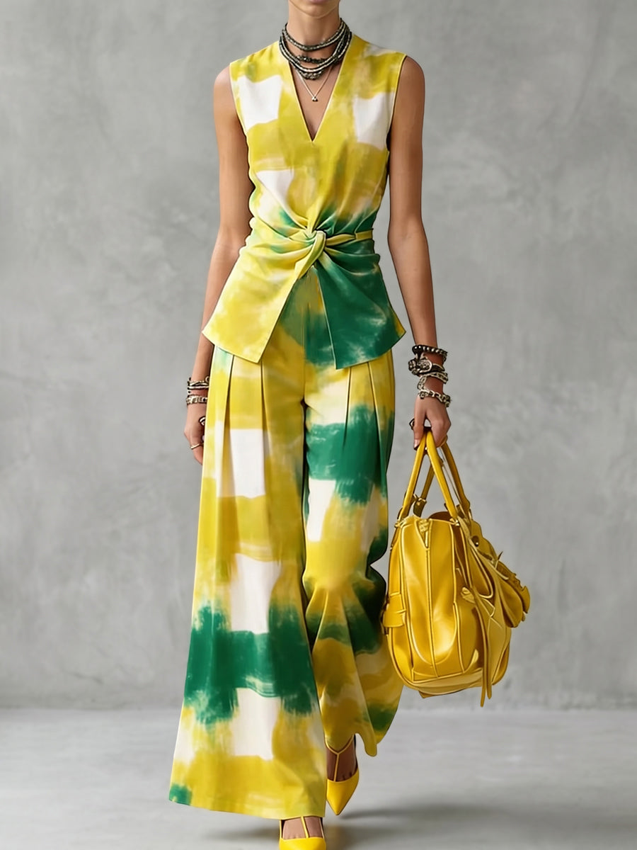 Sleeveless Contrast Color Knot Printed Tied V-Neck Blouses&Shirts Tops