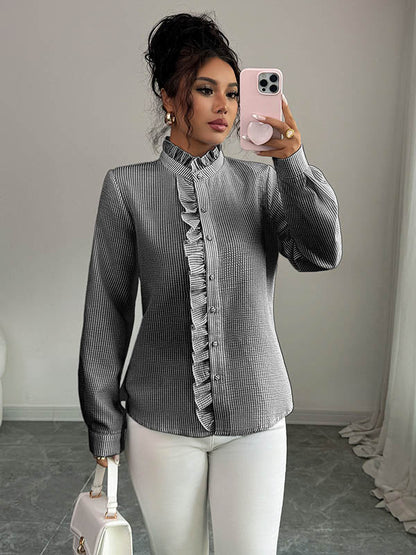 Long Sleeves Skinny Buttoned Ruffled Split-Joint Striped Stand Collar Blouses&Shirts Tops