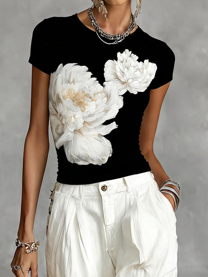 Short Sleeves Contrast Color Flower Print Round-Neck T-Shirts Tops