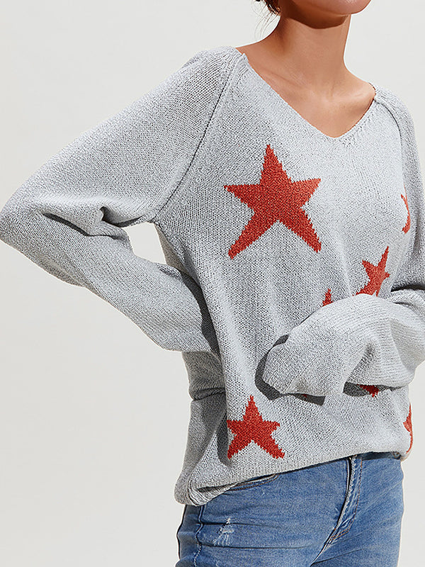 Long Sleeves Loose Split-Joint V-Neck Pullovers Sweater Tops