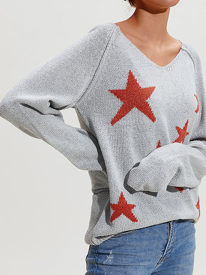 Long Sleeves Loose Split-Joint V-Neck Pullovers Sweater Tops
