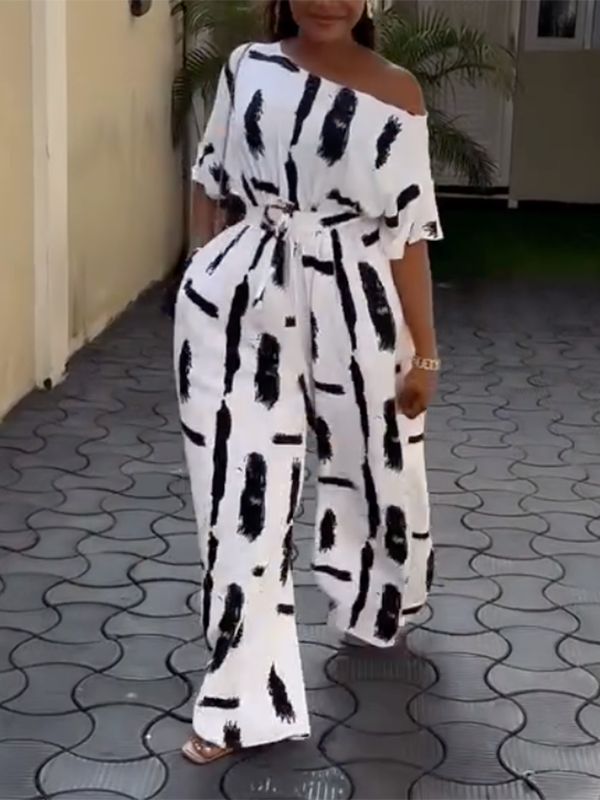Half Sleeves Loose Printed Striped Tied Waist One-Shoulder Jumpsuits