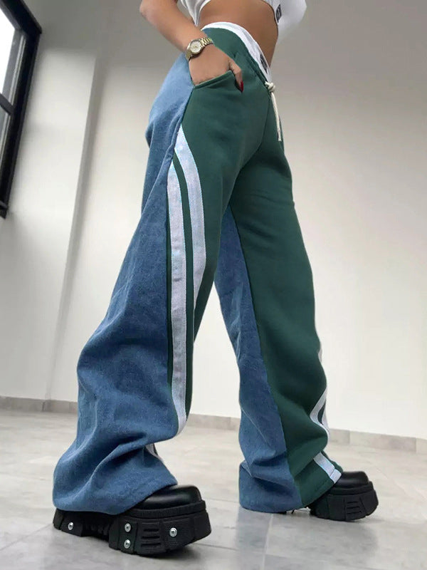 High Waisted Loose Drawstring Elasticity Pockets Denim Split-Joint Pants Trousers