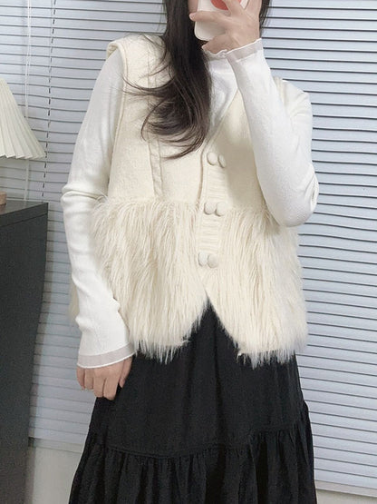 Loose Sleeveless Buttoned Solid Color Split-Joint V-Neck Vest Outerwear