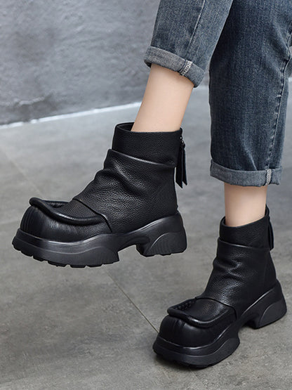 Platform Round-Toe Solid Color Zipper Boots