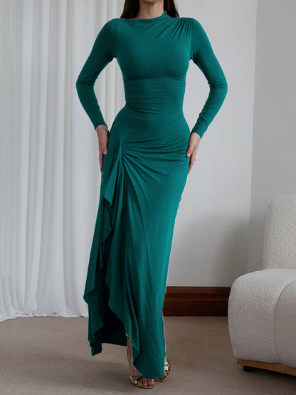 Bodycon High Waisted Asymmetric Pleated Ruffled Solid Color Split-Joint Round-Neck Maxi Dresses