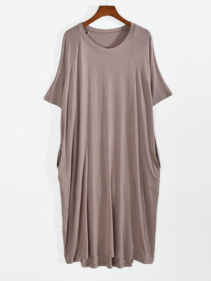 Simple Loose Half Sleeves Solid Color Round-Neck Pajamas Dress