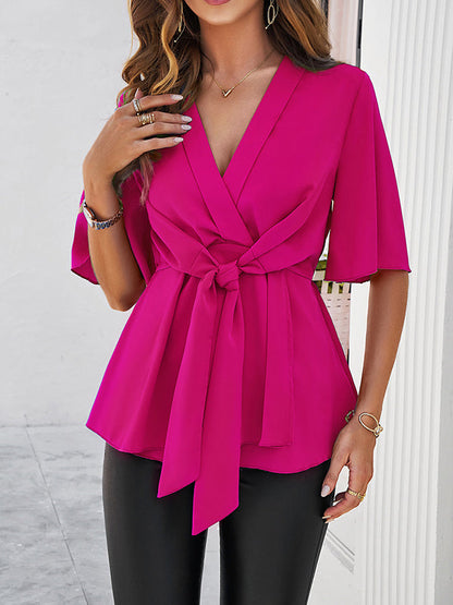 Flared Sleeves Half Sleeves Solid Color Tied V-Neck Blouses&Shirts Tops