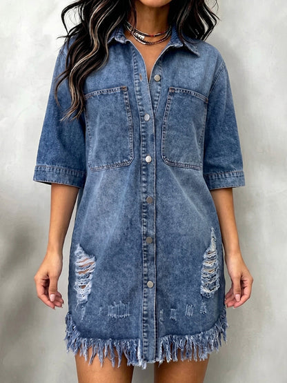 Split-Joint Solid Color Pockets Fringed Buttoned Loose Half Sleeves Lapel Mini Dresses