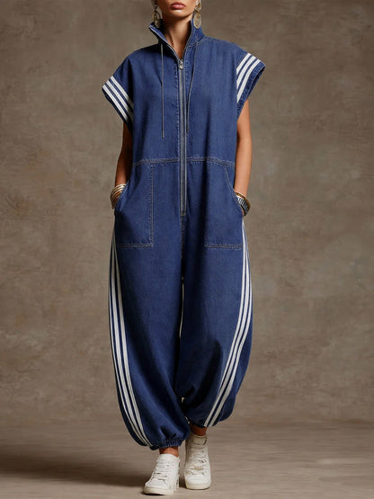 Ankle-Tied Loose Contrast Color Pockets Split-Joint Striped Zipper Stand Collar Jumpsuits