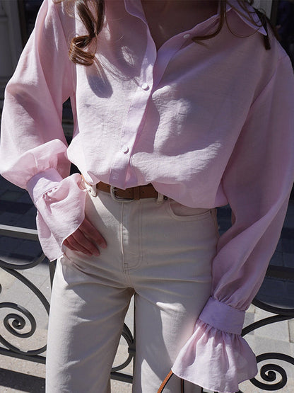 Loose Puff Sleeves Pleated Solid Color Split-Joint Lapel Blouses&Shirts Tops
