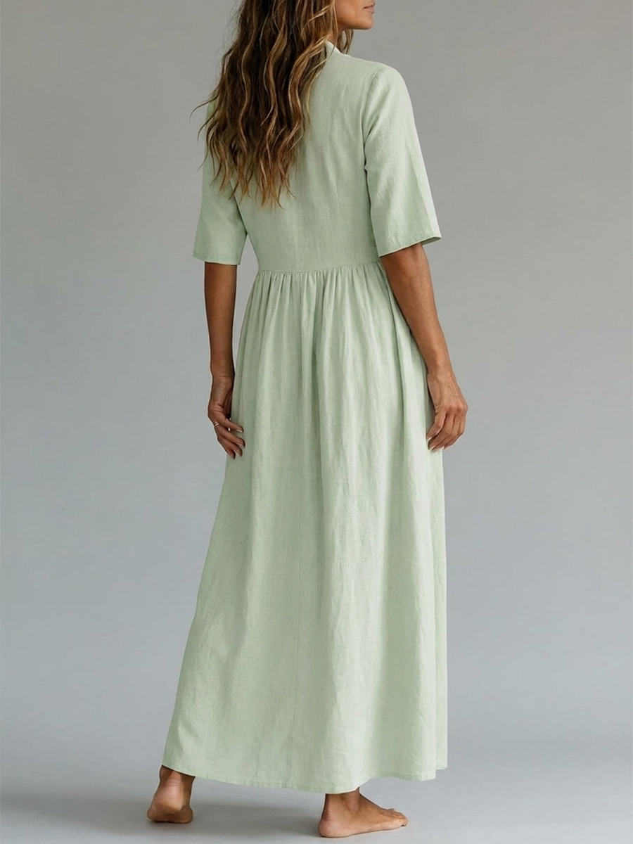 Half Sleeves Puff Sleeves Buttoned Pleated Solid Color Split-Joint Deep V-Neck Maxi Dresses