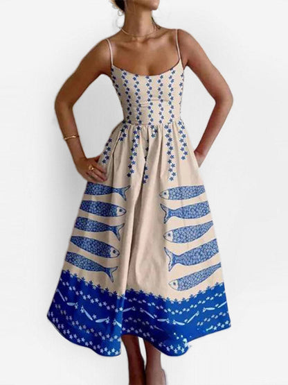 Elasticated Waist High Waisted Contrast Color Pleated Printed Split-Joint Spaghetti-Neck Midi Dresses