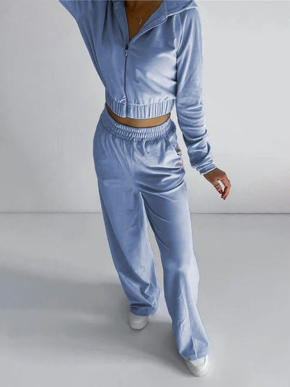 Solid Color Elasticity Long Sleeves Hooded Zipper V-Neck Outerwear Top + High Waisted Pants Bottom Two Pieces Set