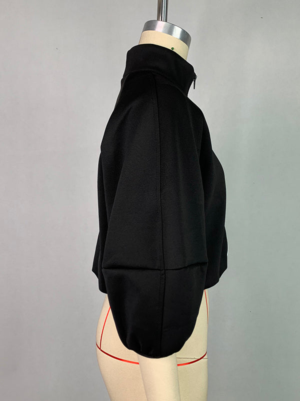 Loose Puff Sleeves Contrast Color Split-Joint Stand Collar Outerwear