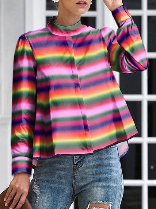 Long Sleeves Buttoned Multi-Colored Printed Mock Neck Blouses&Shirts Tops