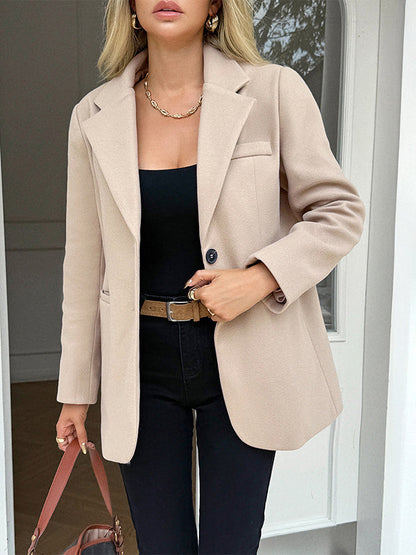 Long Sleeves Buttoned Pockets Solid Color Notched Collar Suit Outerwear