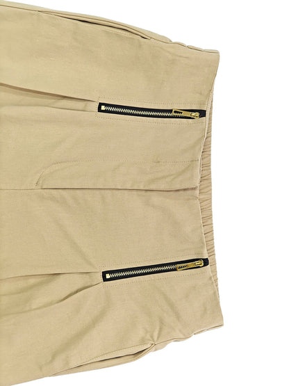 High Waisted Wide Leg Elasticity Pleated Pockets Solid Color Zipper Capri-Pants Cropped Trousers