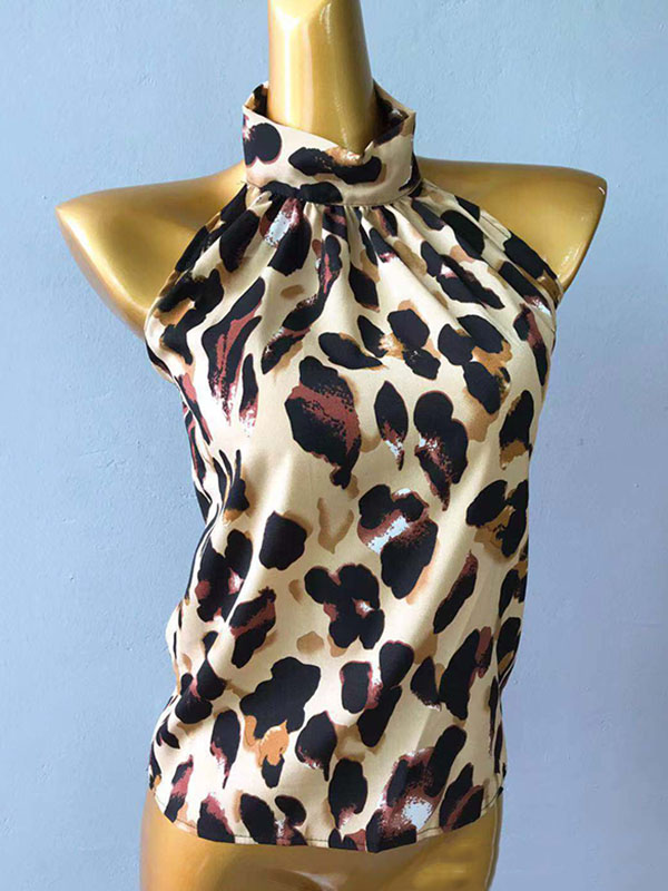 Loose Sleeveless Backless Leopard Pleated Split-Joint Halter-Neck Vest Top