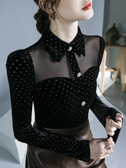 Long Sleeves Skinny Buttoned Polka Dot Split-Joint Lapel T-Shirts Tops