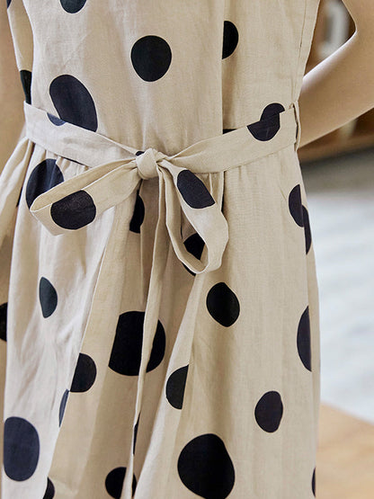 Loose Sleeveless Contrast Color Pleated Polka-Dot Split-Joint Tied Waist Round-Neck Midi Dresses