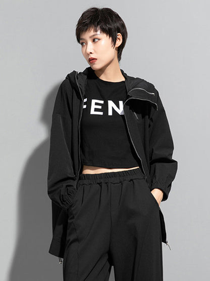 Fashion Irregularity Loose Solid Color Zipper Hooded Outerwear