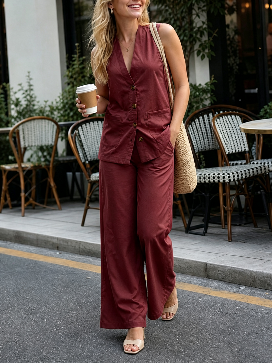 Solid Color Pockets Elasticity Buttoned Sleeveless Plus Size V-neck Vest Top Two Pieces Set Trousers Pants