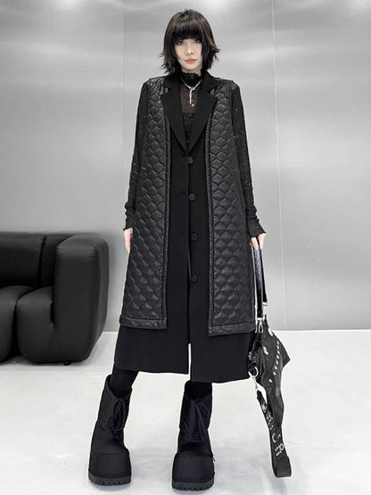 Loose Sleeveless Buttoned Plaid Pockets Solid Color Split-Joint Notched Collar Outerwear Padded Vest