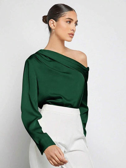 Long Sleeves Skinny Pleated Solid Color Split-Joint One-Shoulder Blouses&Shirts Tops