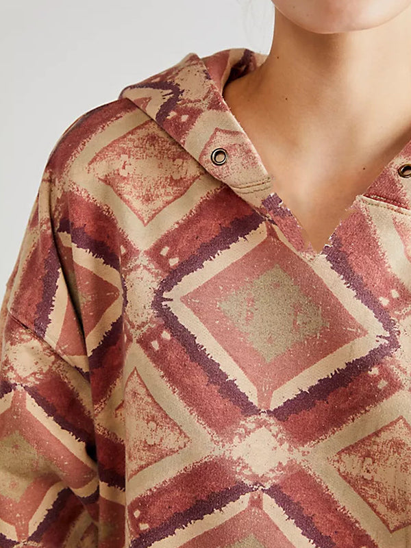 Long Sleeves Loose Pockets Printed V-Neck Hoodies Tops