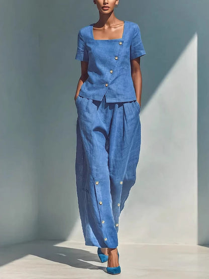 Loose Short Sleeves Buttoned Solid Color Square-Neck Blouses&Shirts Tops