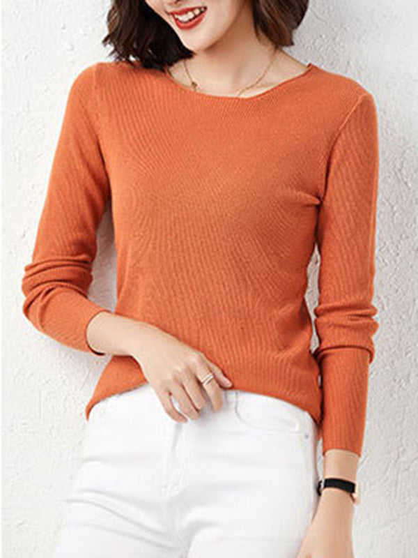 Long Sleeves Skinny Solid Color Round-Neck Knitwear Pullovers Sweater Tops
