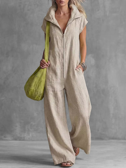 Zipper Solid Color Pockets Wide Leg Loose Stand Collar Jumpsuits