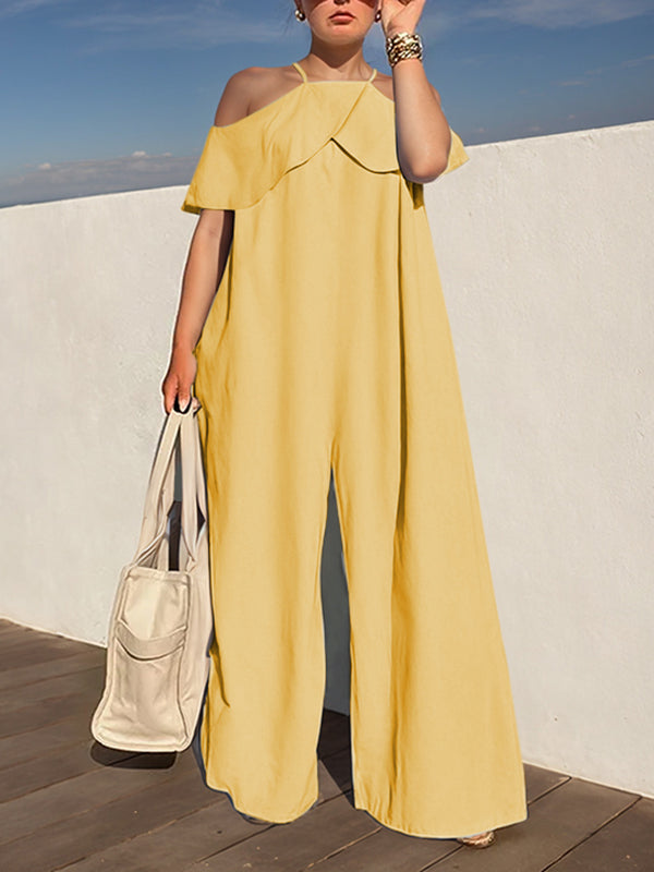 High Waisted Loose Solid Color Zipper Cold Shoulder Jumpsuits