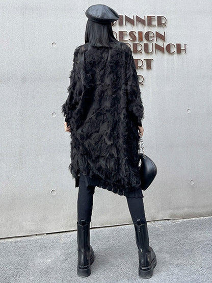 Irregularity Long Sleeves Asymmetric Mesh Pockets See-Through Solid Color Split-Joint Tasseled Stand Collar Midi Dresses