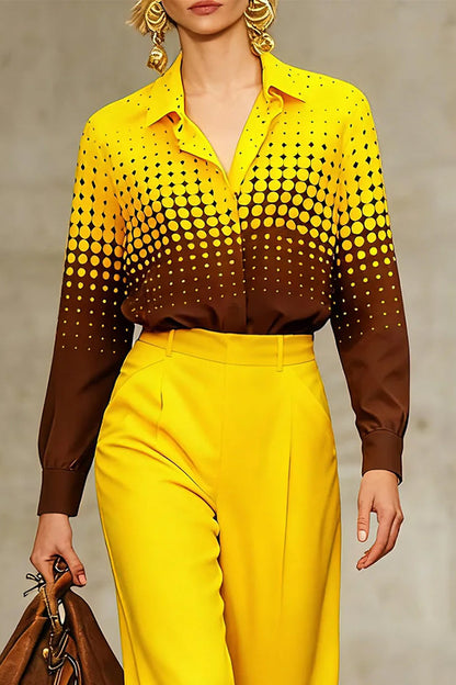 Long Sleeves Loose Buttoned Contrast Color Polka-Dot Split-Joint Lapel Blouses&Shirts Tops