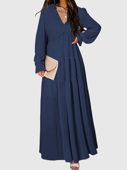 High Waisted Long Sleeves Pleated Ruffled Solid Color V-Neck Maxi Dresses