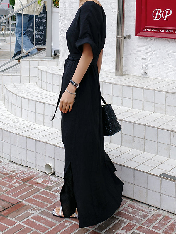 A-Line Loose Hollow Solid Color Split-Side Tied Waist V-Neck Midi Dresses