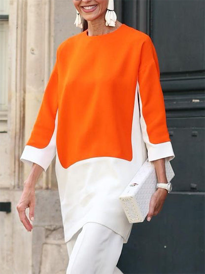 Loose Three-Quarter Sleeves Contrast Color Round-Neck T-Shirt Tops&Pants Two Pieces Set