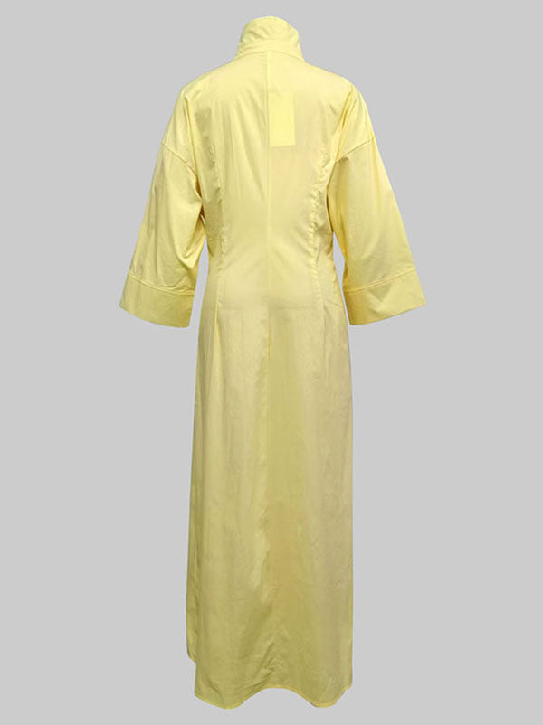 A-Line High Waisted Pleated Solid Color V-Neck Maxi Dresses Shirt Dress